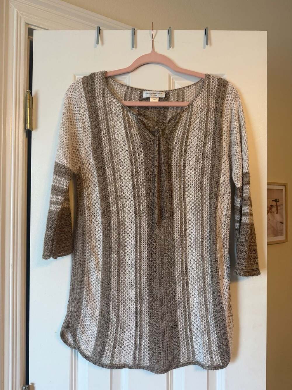 Christopher & Banks Petite Striped Knit Tunic Sweater with Lace-Up Neckline